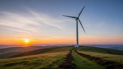 Obraz premium Sunrise over rolling hills with a lone wind turbine, symbolizing renewable energy and a clean future