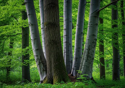 Mixed deciduous forest view featuring rugged dark alder bark and smooth gray beech trunks growing closely in a lush woodland environment, biology, gray, alder