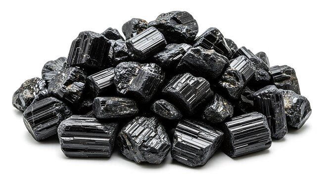Heap of rough, raw black tourmaline mineral specimens piled on a white background