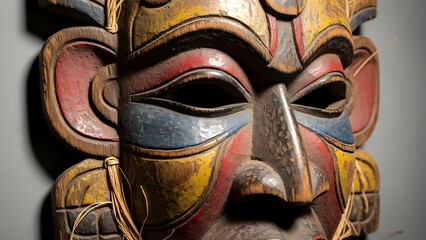 Close-up of a colorful, intricately carved wooden tribal mask with a weathered texture
