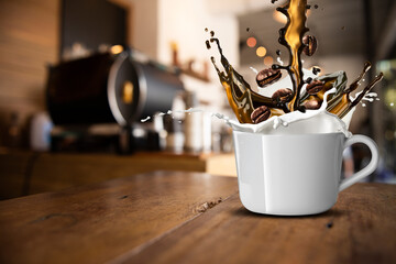 Coffee Pour Splash on Coffee Cup With Milk Splash and Coffee Beans. Capture using High Speed Photography With Coffee Shop Scene