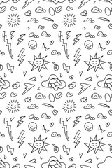 Obraz premium Black and white doodle pattern of sun clouds lightning bolts and hearts on transparent background