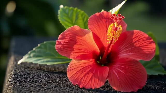 Vibrant Red Hibiscus Blossom - A Close-Up Look at Natures Beauty.