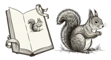 Vintage Illustration of a Squirrel and an Open Book. © Mus