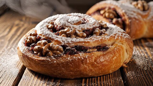 Delicious cinnamon swirl buns with nuts.