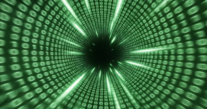 Abstract digital tunnel with green binary code, representing data flow and technology themes