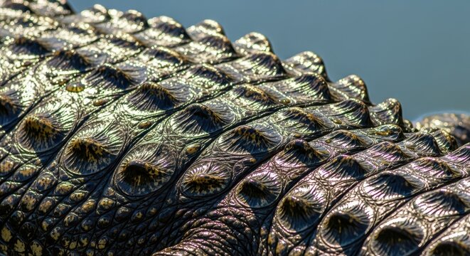 Close-up detail of massive alligator skin, glistening and wet, showing powerful scales and texture under bright sunlight near water surface, huge, environment, sleek