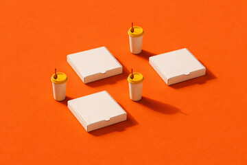 Takeout food boxes and drinks on orange background