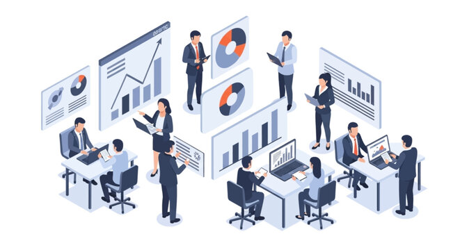 Isometric business team analyzing financial data graphs and charts collaborating on strategy and market reports