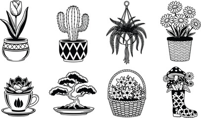 Black and white hand drawn potted plants collection, cactus fern flowers bonsai succulent hanging basket mushroom boot vector illustration set © MDRAKIB