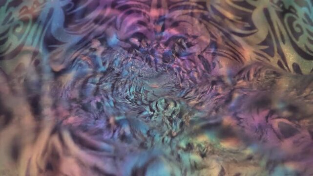 Close-up of a shimmering iridescent pattern with intricate damask design