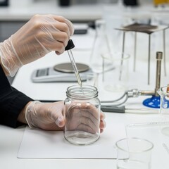 Fototapeta premium Laboratory Investigation with Dropper and Glass Jar Experiment Research in Clean Medical Clinical Environment