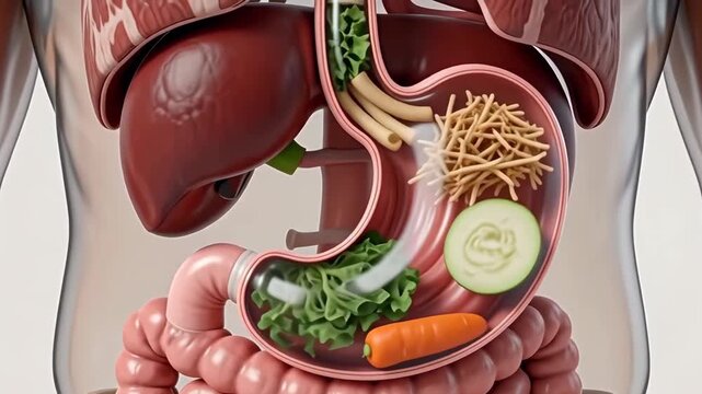 3D Medical Animation of Human Digestive System Processing Food, highlighting internal biological functions.