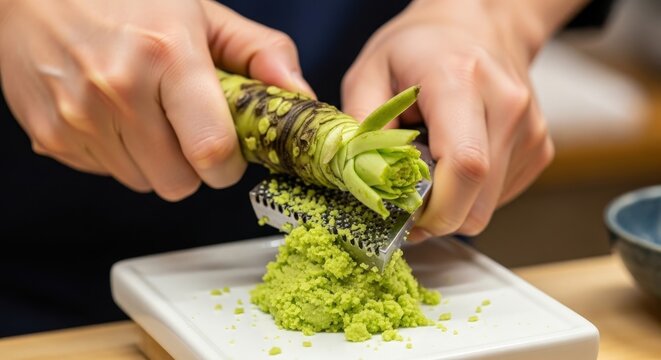 Fresh Wasabi Root Grated on Grater Preparation Culinary Fine Dining Asian Cuisine at Restaurant Tabletop for Sushi 190 Characters
