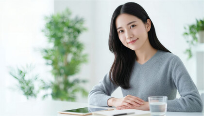 タブレットと水を置いた机で微笑むビジネスウーマン