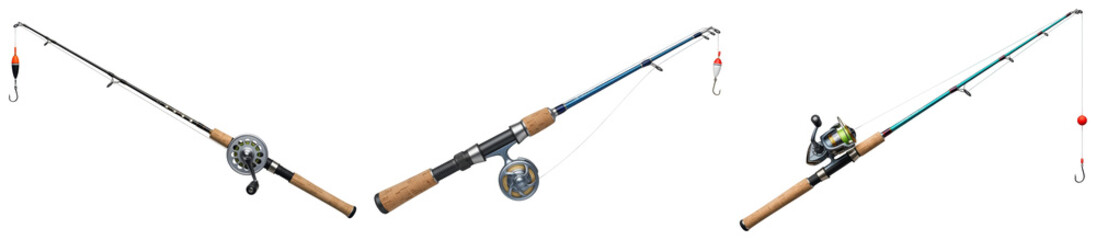 realistic photograph showcasing a collection of three distinct fishing rods with reels and floats, ready for angling adventures. © Ali