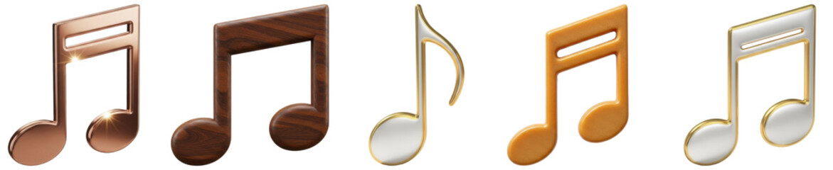 exquisitely rendered 3d music notes crafted from diverse materials including polished metal and rich wood, isolated on black. © Ali