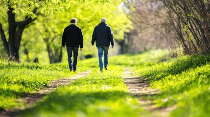 Two men walking on a sunlit green path in nature, enjoying a healthy outdoor lifestyle and companionship