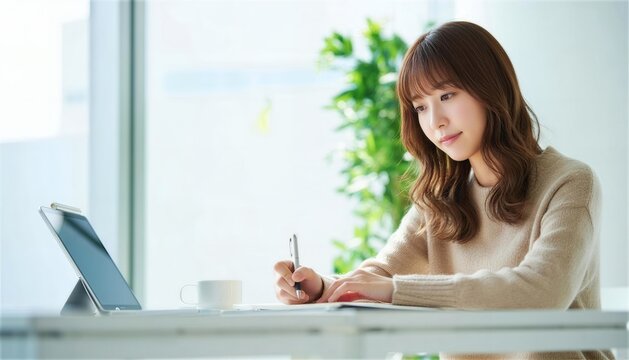 タブレットを横に置きノートにペンで書き込む女性
