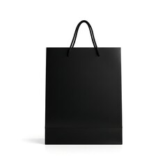 A black shopping bag with sturdy handles standing upright against a white background