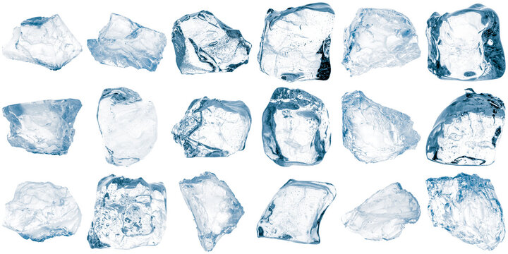 a collection of various sized and shaped clear ice cubes melting slightly on a transparent background, perfect for beverage and cooling themes.