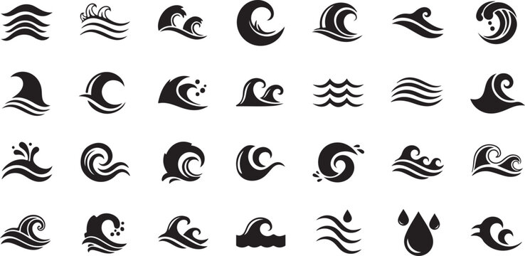 Collection of various wave and sea swirl icons in black