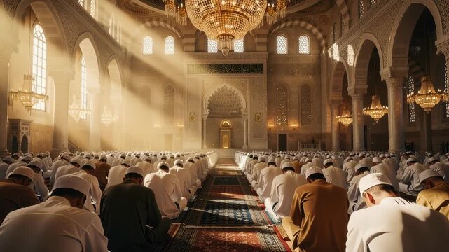 Prayer Gathering, Worshippers, Grand Mosque, Photography, Sacred Space, Indoor View, Spiritual Reflection