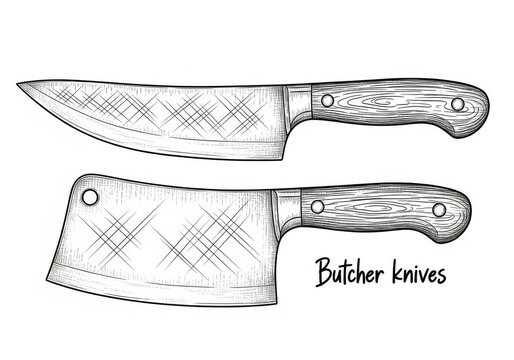 Illustration of two butcher knives with wooden handles and patterned blades