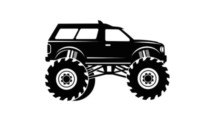 Black silhouette of a monster truck with large wheels, isolated on white background © hakim