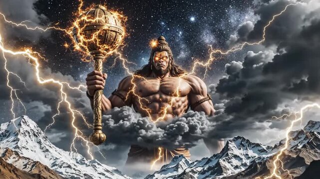 Lord Hanuman in Giant Cosmic Form Above Snowcapped Mountains with Lightning