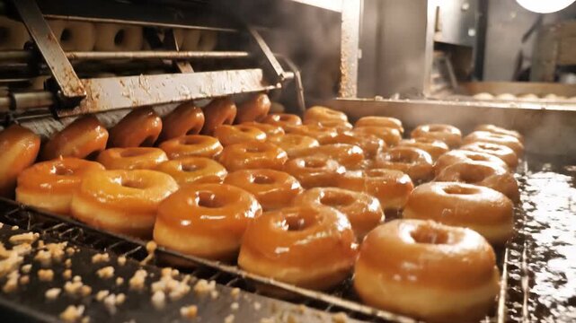 Fresh donuts frying in hot oil on automated production line, close-up