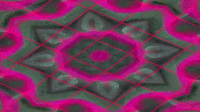 Abstract geometric kaleidoscope pattern in vibrant magenta and dark grey with a diagonal grid overlay.