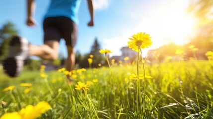 Energetic run through a sun-drenched meadow with vibrant yellow wildflowers, capturing movement and active lifestyle