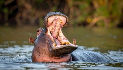 A hippo opens its large mouth in a body of water