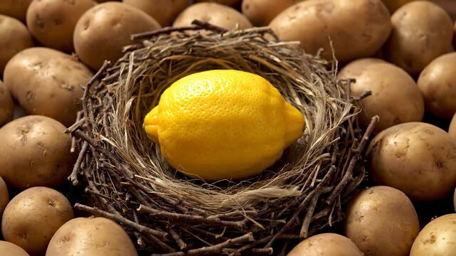 A bright yellow lemon nestles within a crafted nest, surrounded by many brown potatoes