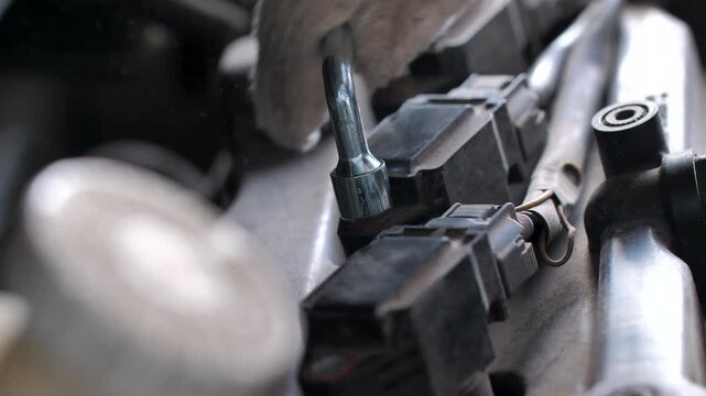 Close up of a mechanic using a wrench to remove a car spark plug during engine maintenance