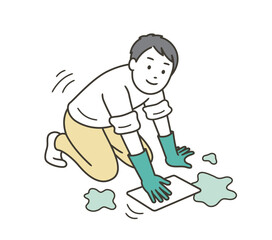 床を雑巾で拭くゴム手袋をつけた男性のイラスト