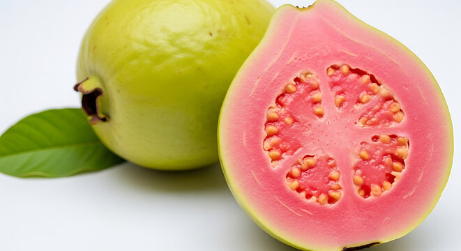 Whole guava next to guava cut in half close up showing pink interior and clustered seeds white background
