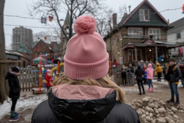 Back view of person in pink pom-pom beanie observing a lively winter outdoor community event with snow