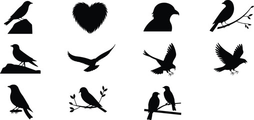 Fototapeta premium Bird silhouette icon set, flying and perched birds, raven crow shapes, wildlife nature symbols, minimal black vector illustration