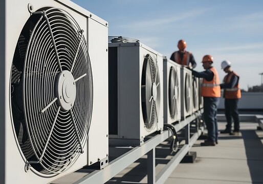H V A C units workers rooftop air conditioning units