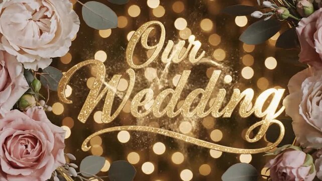 Elegant Gold Script Wedding Title Opener, Romantic Floral Frame, Glowing Bokeh Background