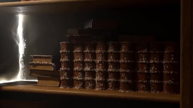 Ealed humid archive room where delicate gypsum crystals have grown over spines of leather bound volumes glittering in a sliver of light, geological takeover atmosphere
