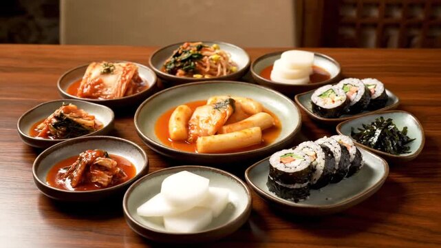 Delicious Korean Food Spread with Kimchi, Tteokbokki, and Gimbap on a Table