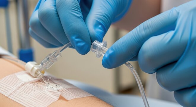 Medical Professional Attaching IV Drip to Patient.