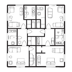 Fototapeta premium Black and white floor plan of a multi-room building with furniture and fixtures building layout