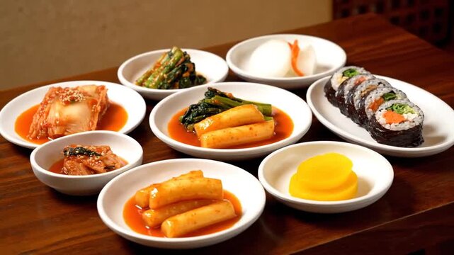 A delightful and colorful spread of traditional Korean cuisine featuring an assortment of delicious banchan, tteokbokki, and kimbap, showcasing authentic flavors