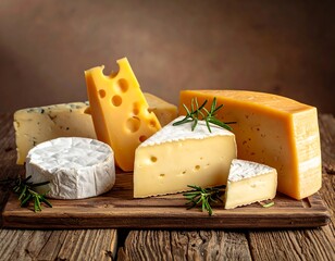 Assortment of gourmet cheeses arranged on a wooden cutting board