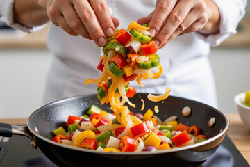 Chef Tossing Colorful Bell Peppers and Onions in a Frying Pan.