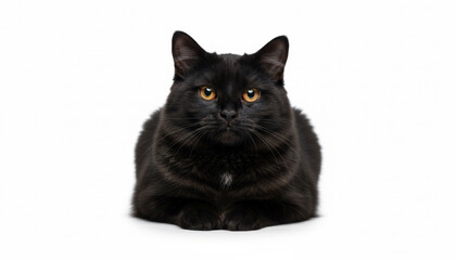 Beautiful Black Cat Isolated on White Background, Cute Domestic Pet with Fluffy Fur Texture and Calm Expression, High Quality Realistic Studio Portrait